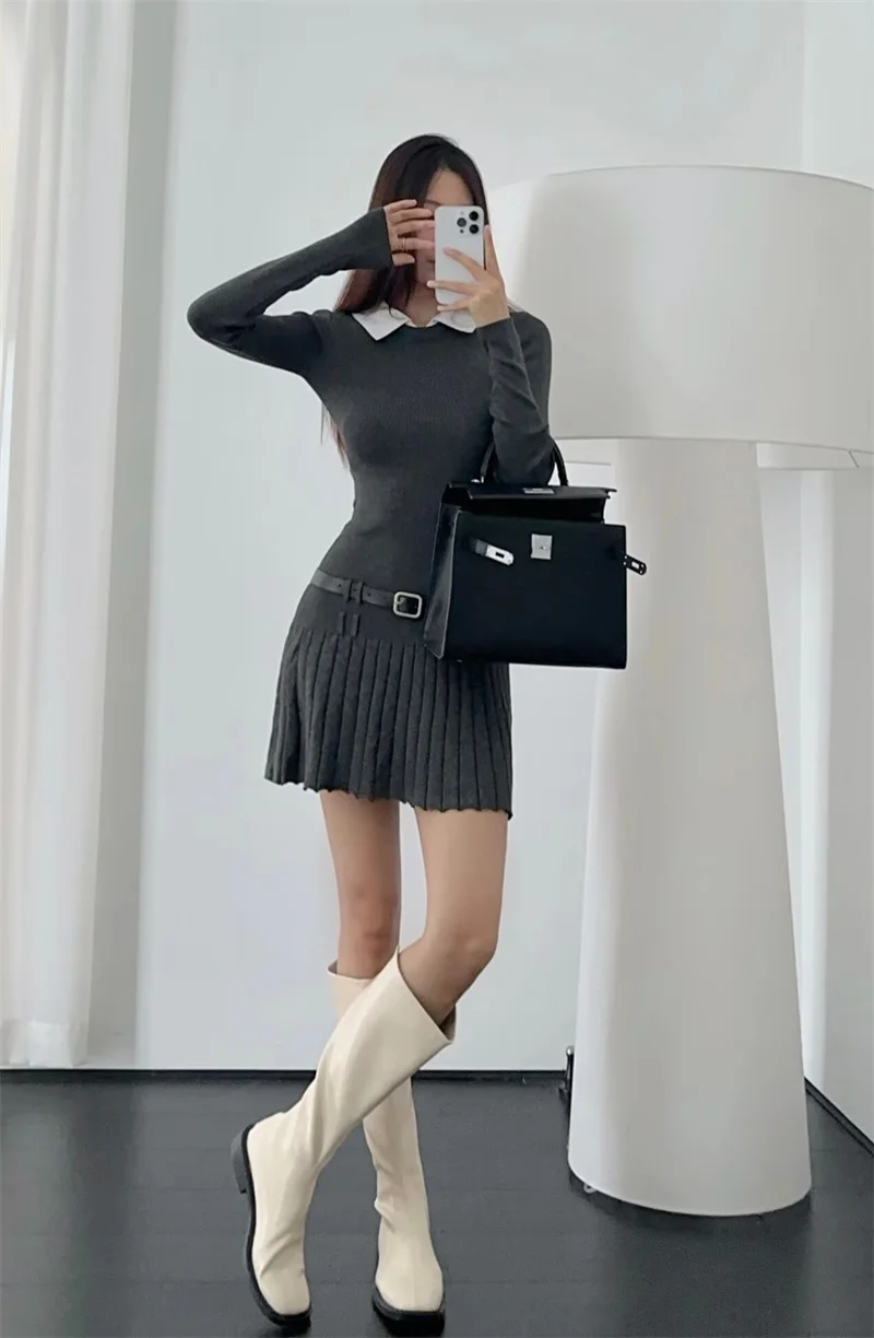 Korean Fashion Knitted Short Dresses for Women Autumn New Patchwork Long Sleeve Pleated A-line Y2K Sexy Party Dress with Belt