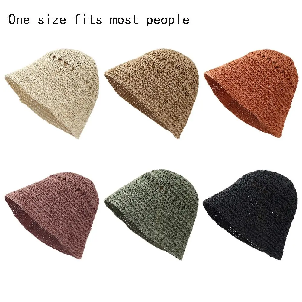 Summer Fashion Ladies Paper Straw Bucket Hat Breathable Crochet Beach Cap Wide Brim Sun Cap Fisherman's Hat 6