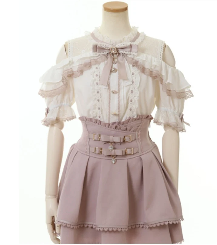Japanese Mine Double Butterfly Braid Buckle Leather Ring High Waist Skirt Shorts Women Liz Sweet Pink Lace Pleated Short Skirt