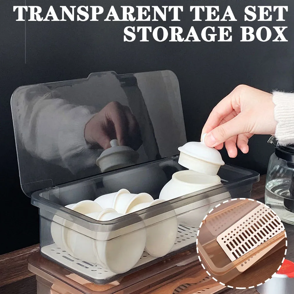Tea Set Storage Box Transparent Cutlery Tray With Lid Drain Large Capacity Dustproof Cutlery Holder Desktop Dustproof With Cover 3