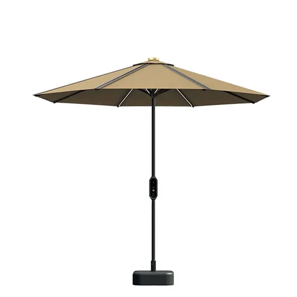 

Outdoor market patio double USB charging solar beach umbrella with light push bottom for garden lawn backyard