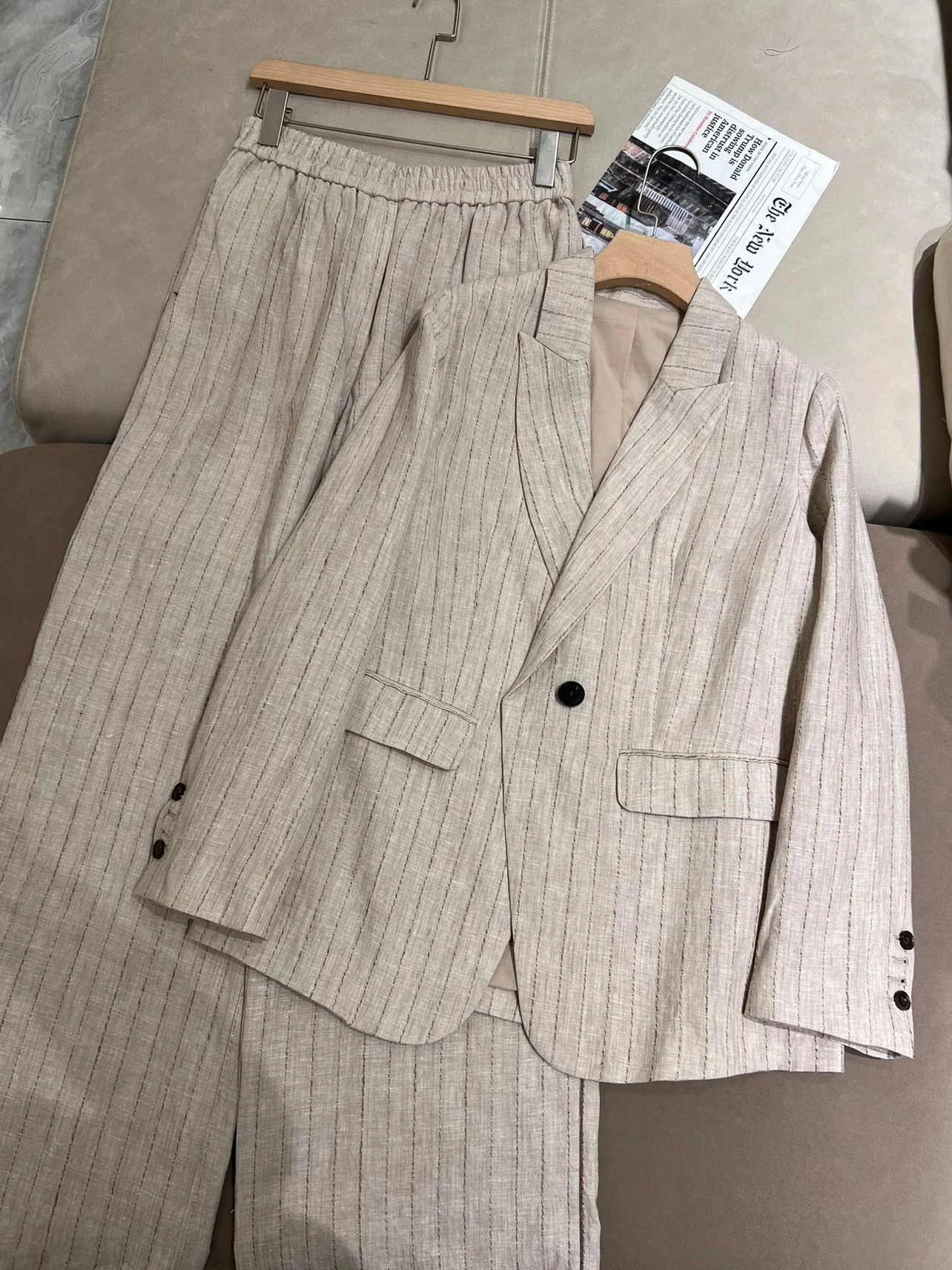 Spring 2024 Women\'s Suit Stripe Linen Blazer Jacket Pants Sets High Waist Wide Leg Trousers Female Clothing