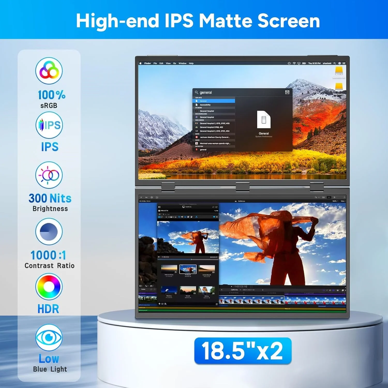 UPERFECT 18.5”100HZ 100% sRGB Delta 휴대용 듀얼 터치스크린 모니터 FHD HDR 360° 회전 접이식 USB-C 트리플 스크린 노트북 디스플레이 익스텐더 스탠드 및 VESA 포함P