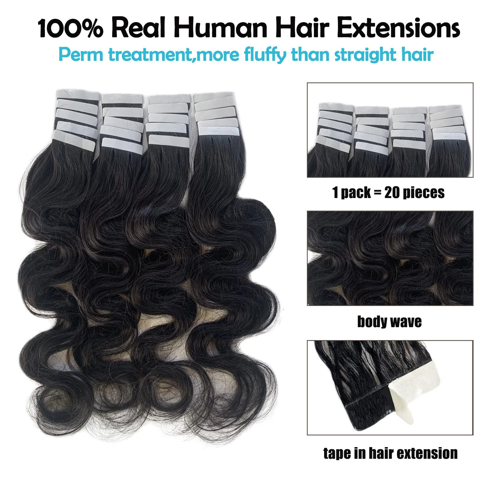 Extensions de cheveux humains Remy Body Wave pour femmes, bande invisible, trame de peau, noir naturel, # 1B, 20 pièces par paquet