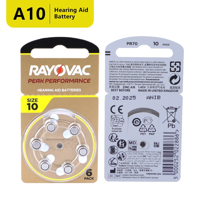 Hearing Aid Batteries 60pcs / 10 Cards Rayovac Peak 1.45v A10 10a 10