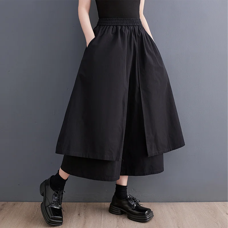 #2912 Black Wide Leg Pants Women Pockets Loose Asymmetrical Trousers Female Double Layer Streetwear Baggy Pants High Waisted 