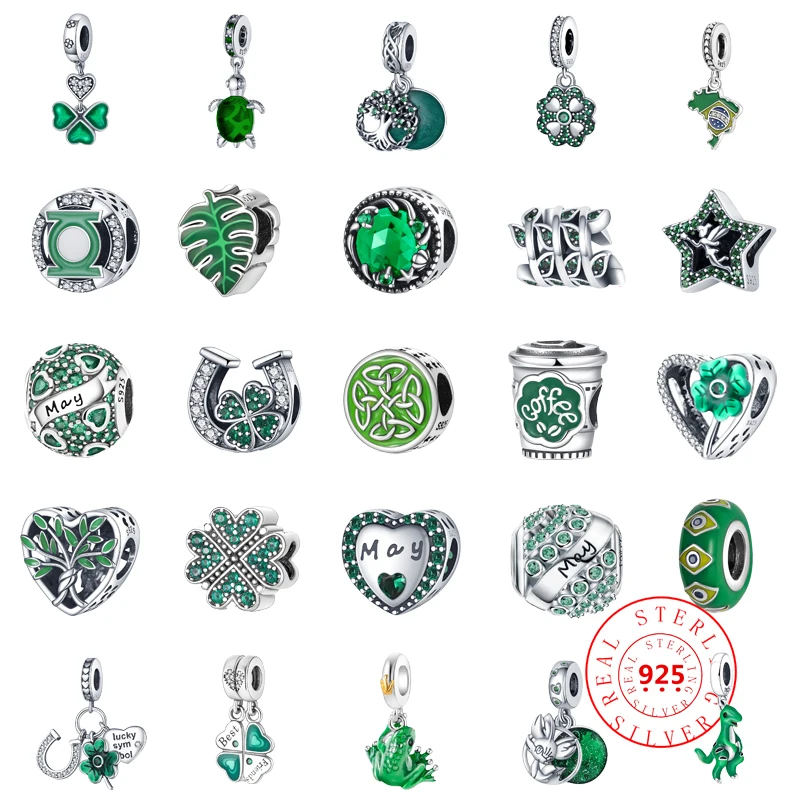 

Sparkling 925 Sterling Silver Green Tree Zircon May Leaves Four leaf clover Beads Pendants Fit Pandora Charms Bracelets Jewelry