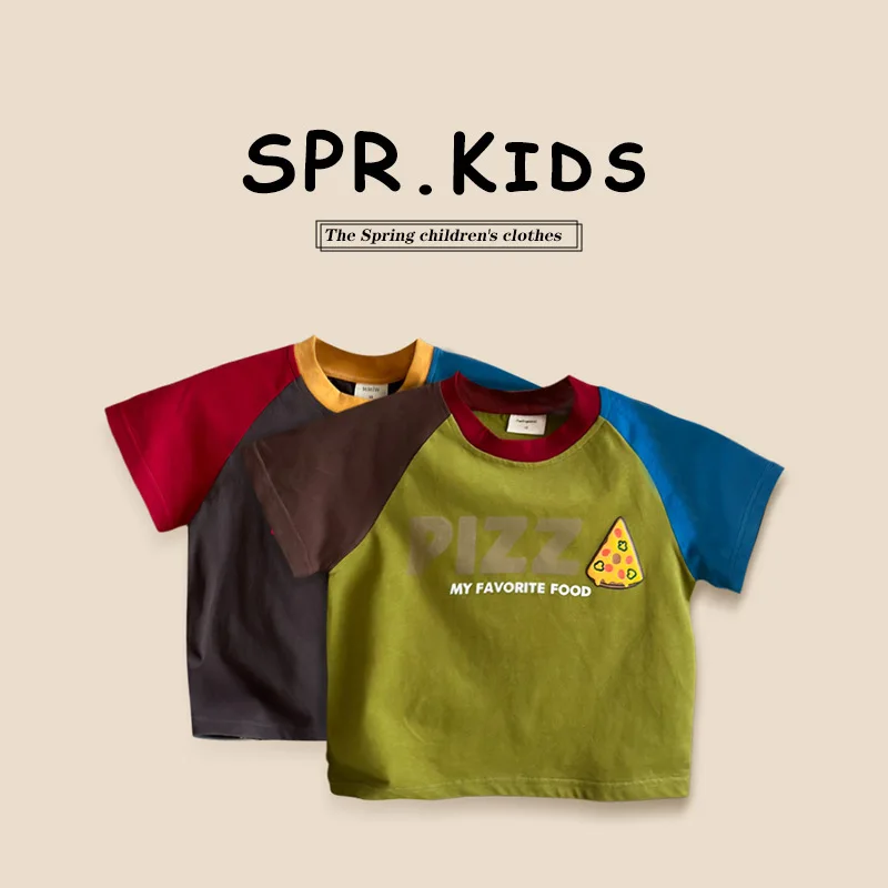 

Summer 2024 Little Boy Tees Pizza Popcorn Printed Simple Contrast Letter Children Boy T-shirts Cotton Round Neck Kids Boy Tops