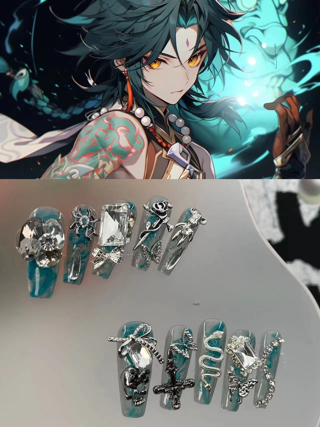 

Genshin Xiao Concept Green Gradient Dragon Fake Nails Coffin High End Unique Reusable Fake Nail Tips Pretty Nail Art Accessories