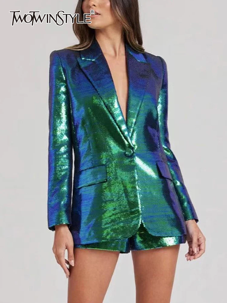 

TWOTWINSTYLE Casual Spliced Sequins Two Piece Sets For Women Notched Collar Long Sleeve Blazer High Waist Shorts Chic Set Female