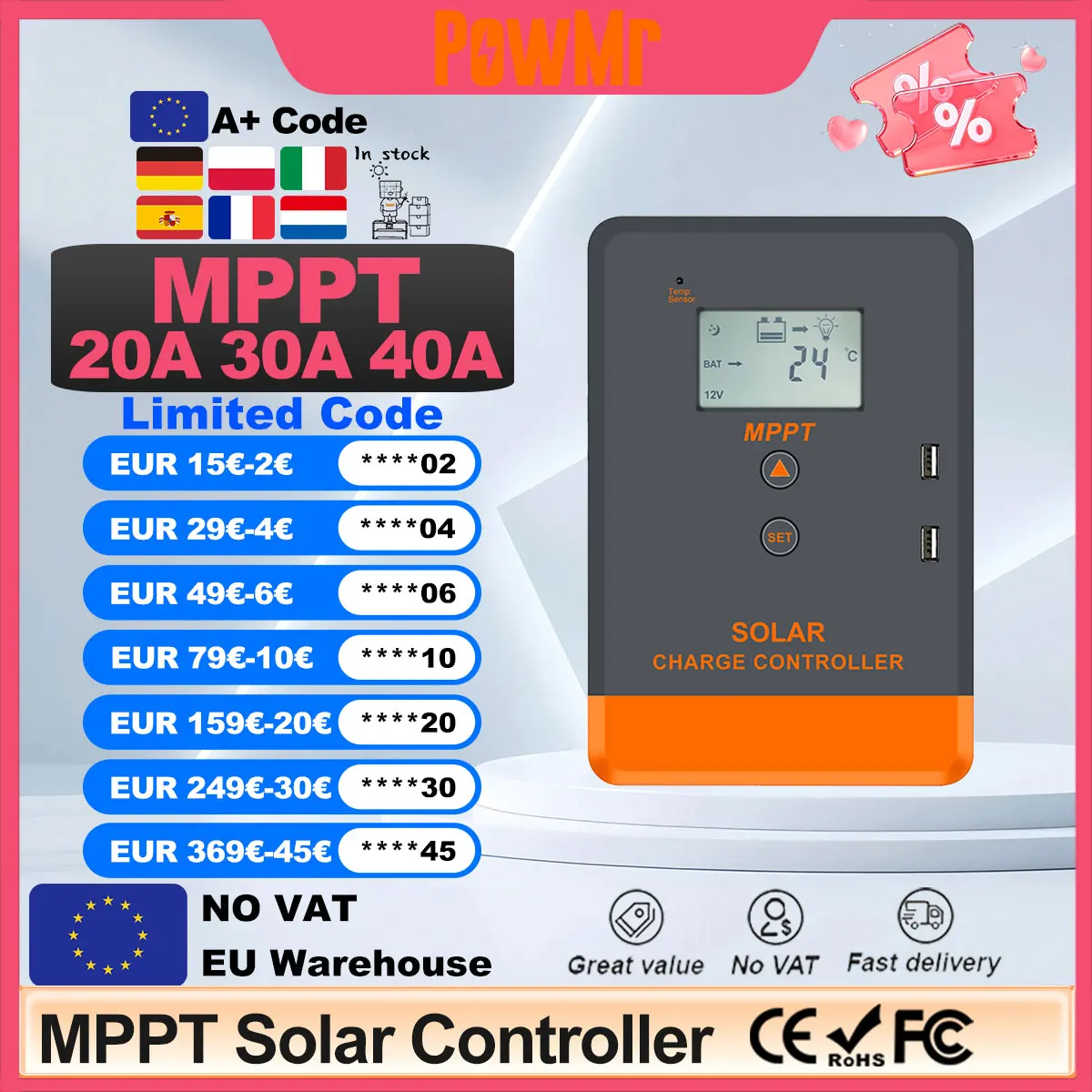 PowMr MPPT 40A 30A 20A Solar Charger Controller 12V 24V Power Bank LCD Display Fit for AGM Gel Flooded Lithium Batteries Charger
