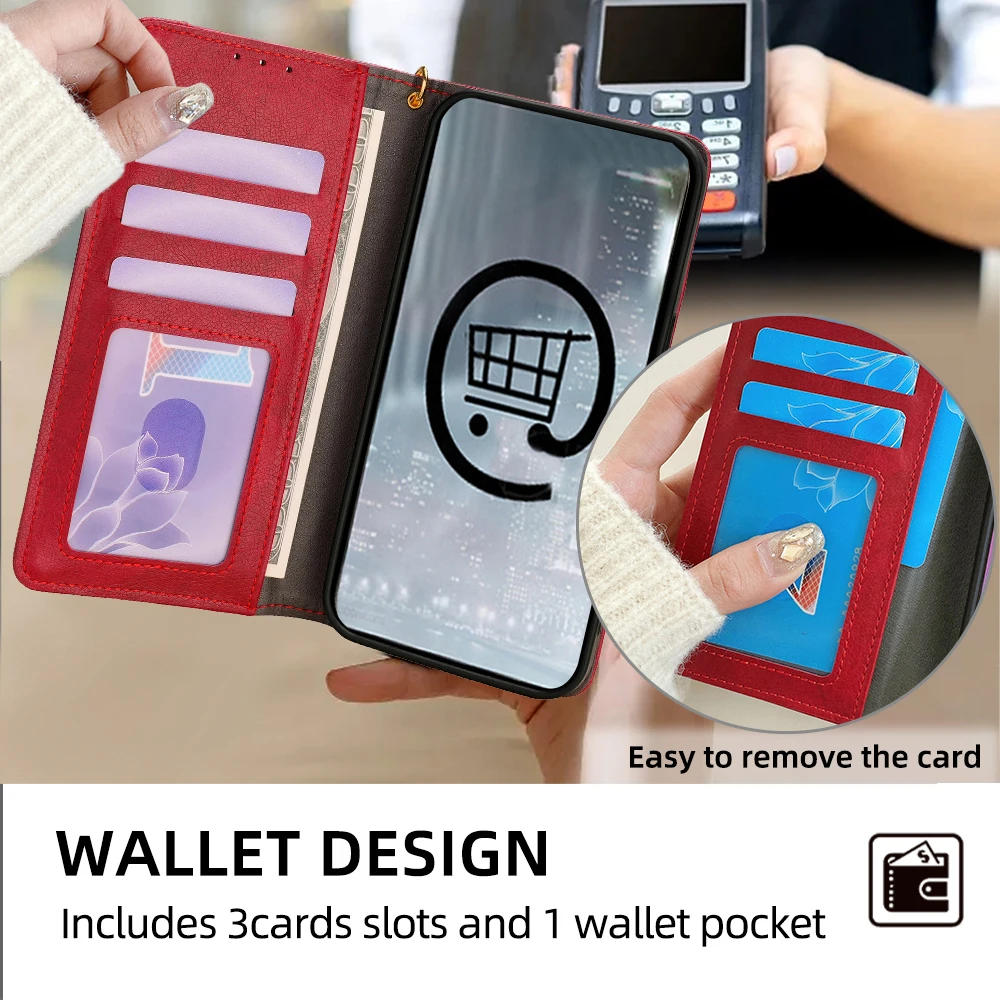 Leather Flip Phone Case with Zipper Wallet, Card Slots, and Lanyard