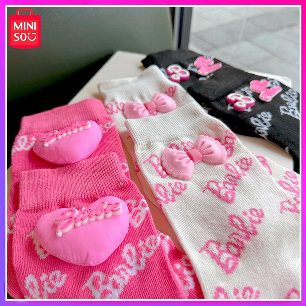 

Miniso Barbie Princess New Autumn Love Three Dimensional Bow Mid Tube Socks Fashion Stockings Pink Kawaii Christmas Girl Gifts