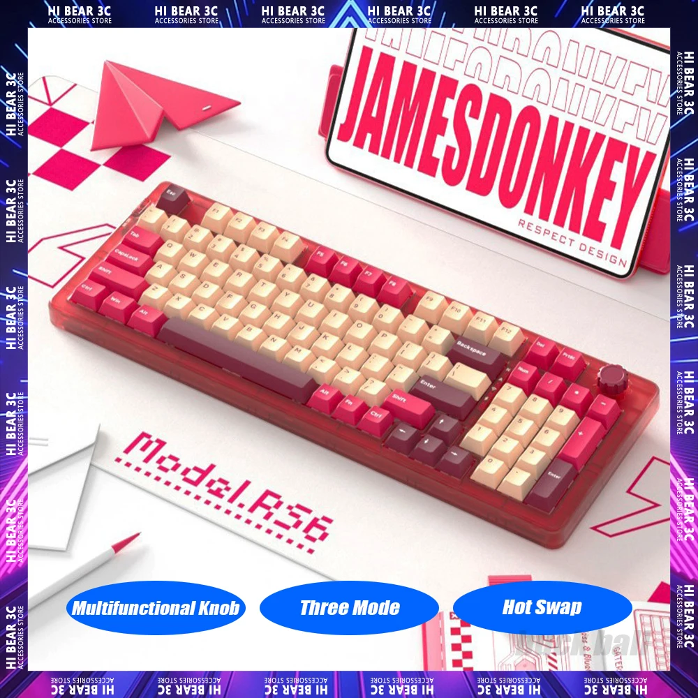 

jamesdonkey RS6 Wireless Mechanical Keyboard Multifunctional Knob RGB Gaming Keyboard 96 Keys Three Mode 5000mAh Gamer Office