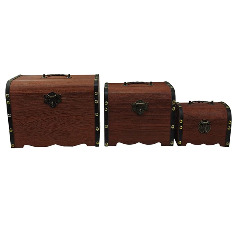 1 Set With Lock Piggy Bank Organizer Saving Case For Home Decoration Vintage Storage Box Wooden Treasure Chest_voghion.com