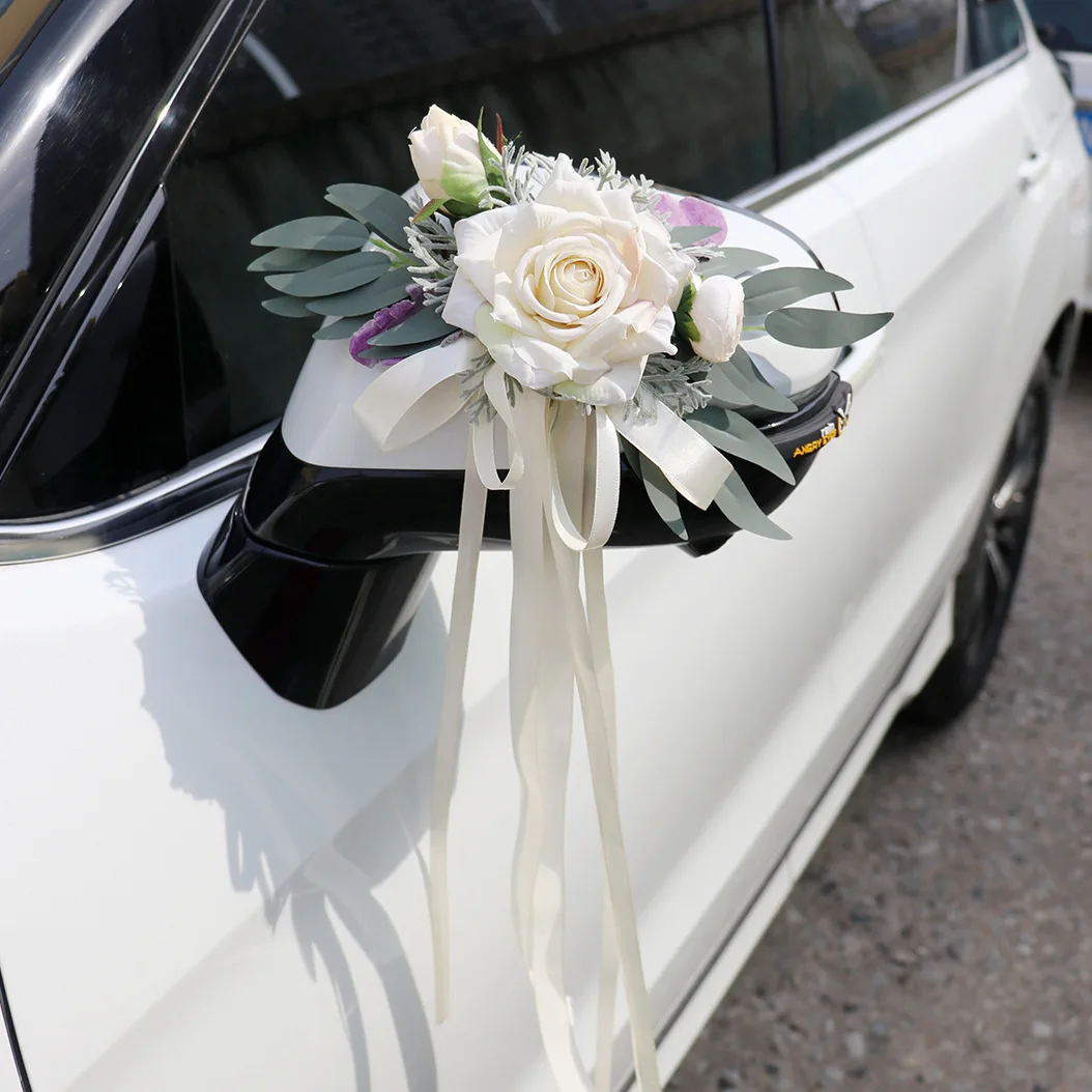 Yannew Hochzeit Auto Rückspiegel Dekoration Blumen Mehrzweck Auto Türgriff Blume mit Schleife Hochzeit Gang Stuhl Blumen – Detail 9