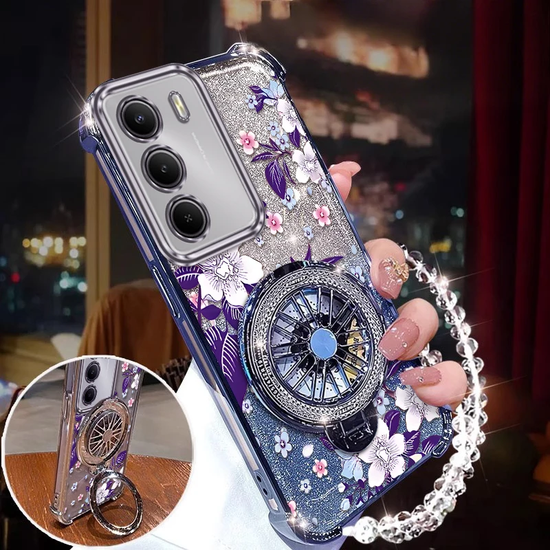Purple Flowers Plating Phone Case with Lanyard Bracket