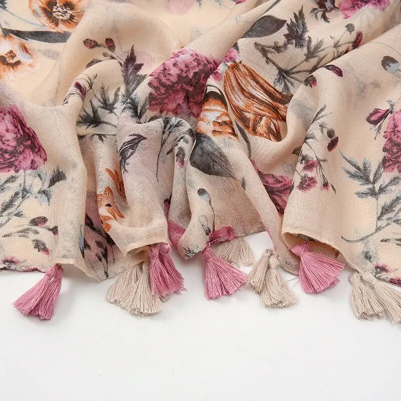 Printed Scarf Fashion Printing Flower Tassel Cotton Viscose Women Beach Sunscreen Shawl Muslim Hijab Wrap 180*90cm