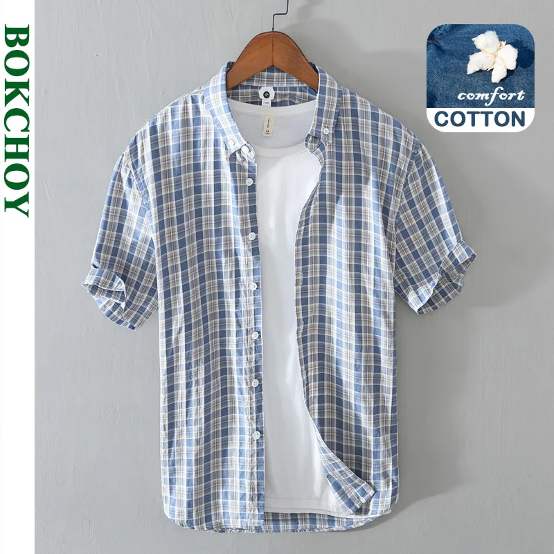 

Summer New Casual Plaid Short Sleeve Shirt for Men Slim 100% Cotton Cargo Streetwear Men Clothing BL869