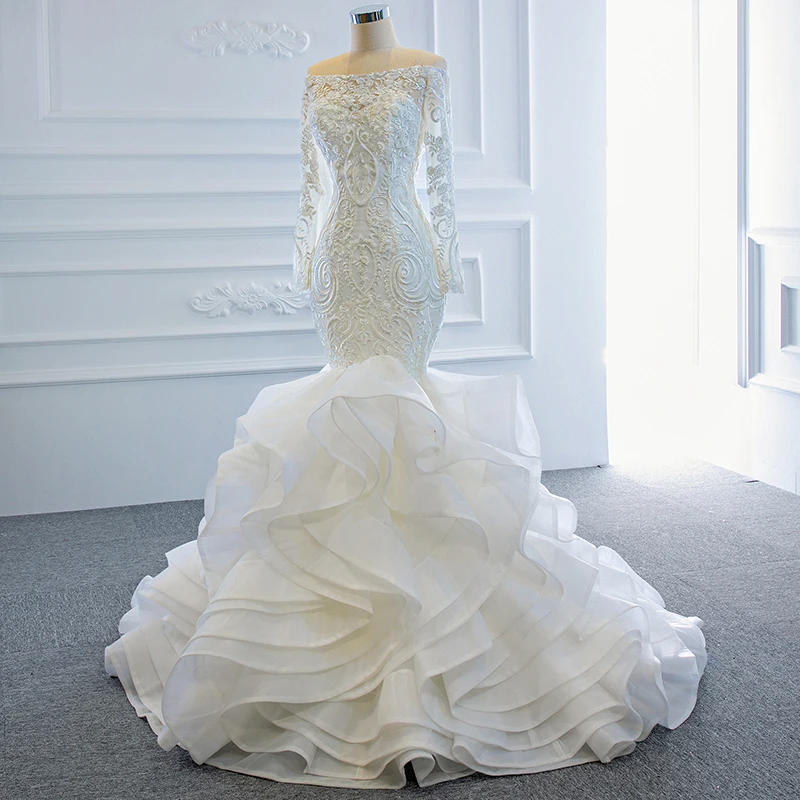 

RSM66734 Simple Boat Neck Long Sleeve Lace Applique Mermaid Wedding Dress Off The Shoulder Rullfes Wedding Gown