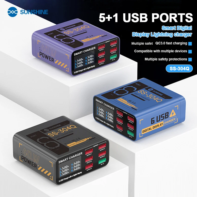 SUSNHINE SS-304Q 6-Port USB-Digitalanzeige Schnellladung QC3.0 Intelligentes Schnellladen für das Aufladen von Telefon-Tablet-Uhren