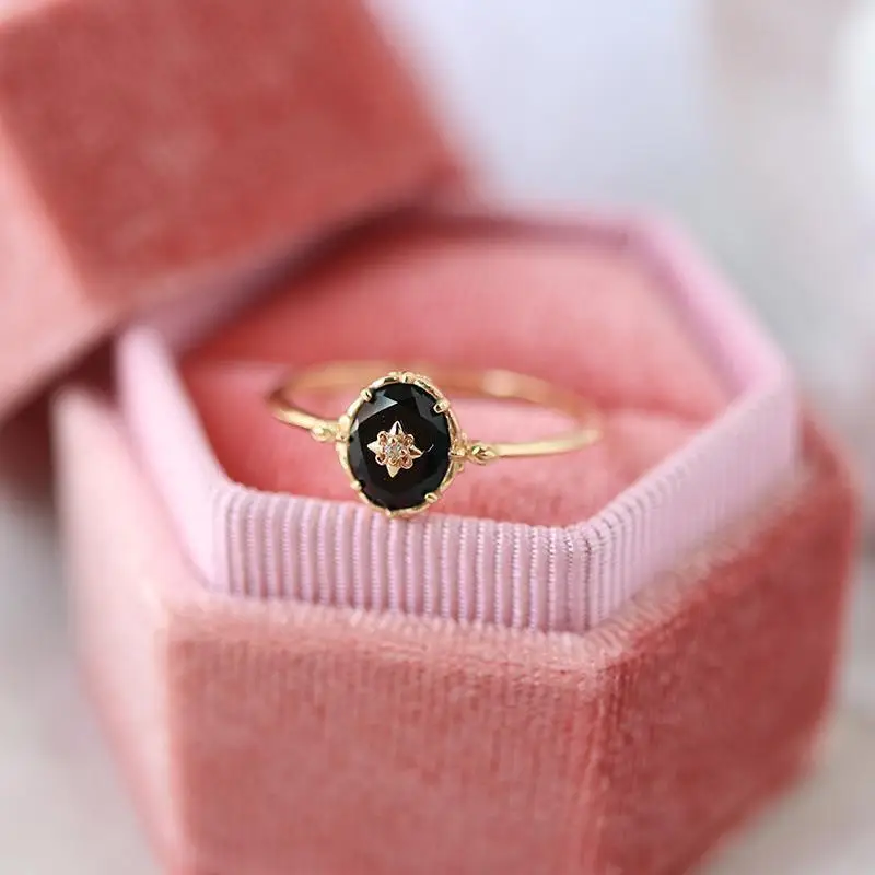 

925 Sterling Silver 14K Gold Plated 2022 New Black Agate Zircon Round Ring Geometric Fashion Luxury Jewelry Rings for women