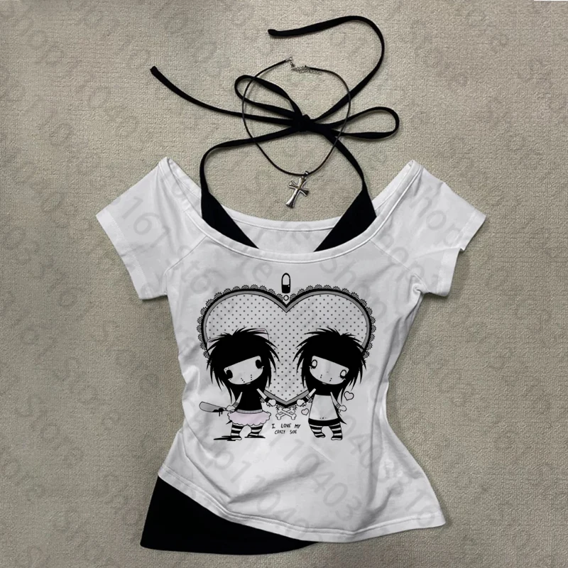 Y2k Anime Cute Streetwear O-neck 90s Text Print Tops Women Harajuku Clothes Simple Vintage Crop Tee Aesthetic Emo Casual T-shirt 2