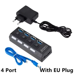 Multi - Port USB Hub Splitter with Power Adapter and Switch - Enhanced Connectivity for PC and Laptop Accessories (4 port with EU Plug)
