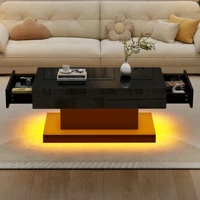 KOMHTOM Table basse noire avec 2 tiroirs et barre lumineuse LED table basse haute brillance 1
