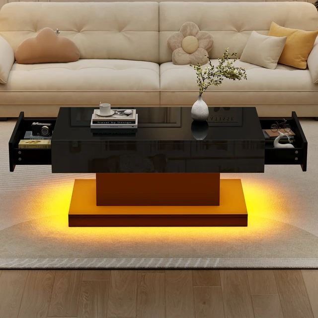KOMHTOM Table basse noire avec 2 tiroirs et barre lumineuse LED table basse haute brillance 1