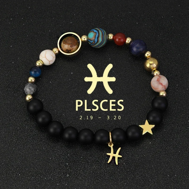 Zodiac Cosmic Galaxy Natural Stone Bracelet Featuring Eight Planets Constellations