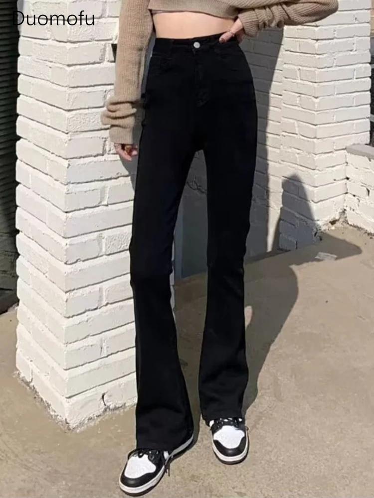 

Duomofu Black Chic Flare Solid Color Female Wide Leg Pants Summer Street High Waist Slim Fashion Full Length Simple Women Jeans