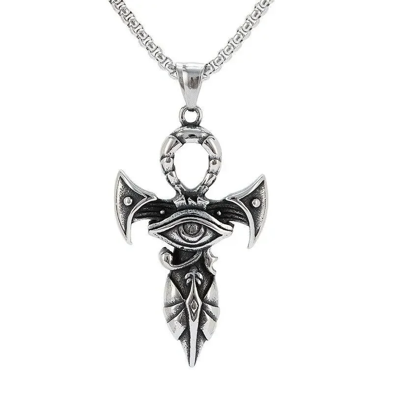 

CHUANGCHENG Vintage Egyptian Eye of Horus Ra Ankh Cross Pendant Stainless Steel Men's Necklace Chains Jewelry