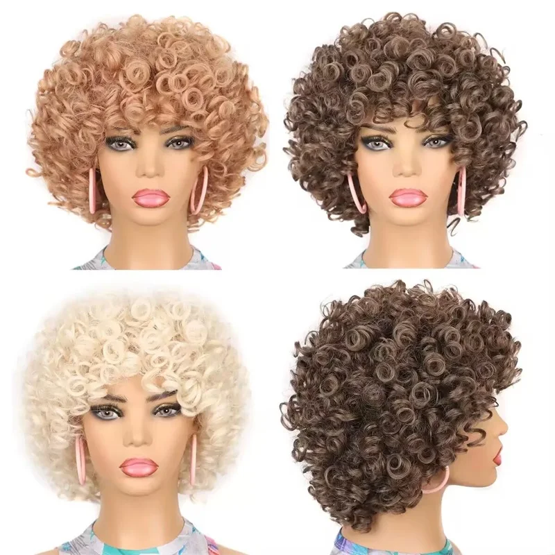 Short Blonde Synthetic Hair Wigs With Side Swept Bangs for Women Female Haircut Puffy Afro Kinky Curly Wig