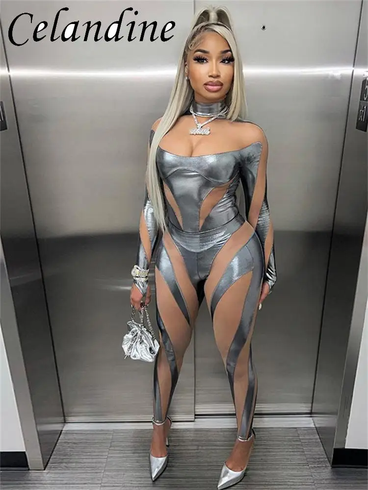 

Celandine сетчатый лоскутный клубный комплект из 2 предметов сексуальный боди с длинным рукавом + узкие брюки-карандаш металлик осенний просвечивающий наряд