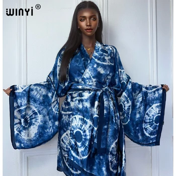 WINYI print kimono with belt african boho dress beach wear Elegant Cardigan sexy Holiday beach outfits for women beach cover up 1