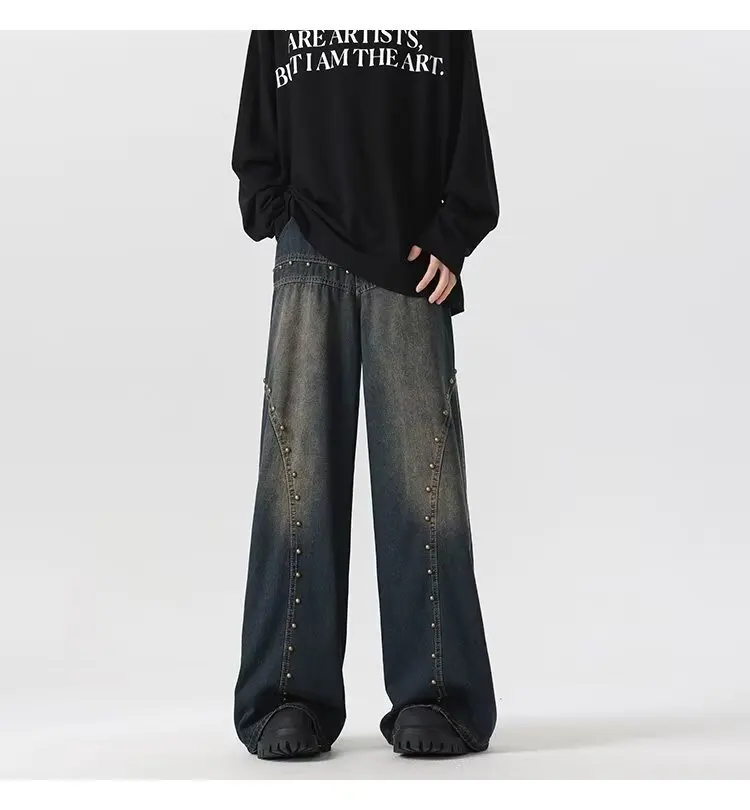 2026 Trashy Y2K 2000er Jahre Streetwear Baggy Jeans mit Nieten-Design für Herren, 90er Jahre Vintage Kleidung, Gerade Weite Beine, Alte Denim-Hosen – Detail 4