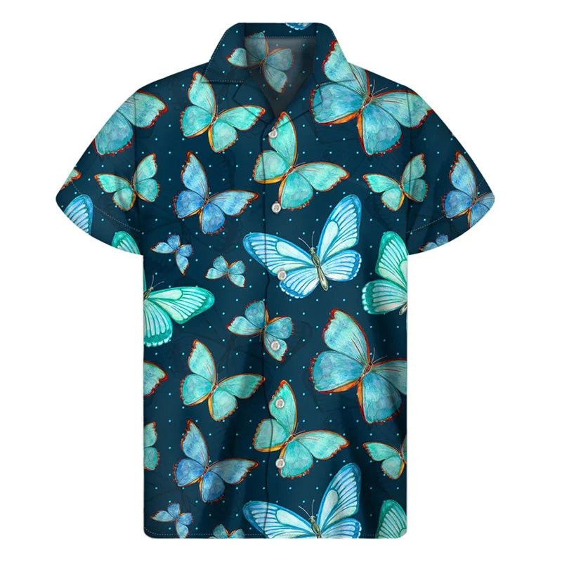 Camisa con solapa de mariposa colorida para hombre, camisas hawaianas con estampado 3D de insectos, blusas de manga corta estilo Harajuku, blusa con botones a la moda