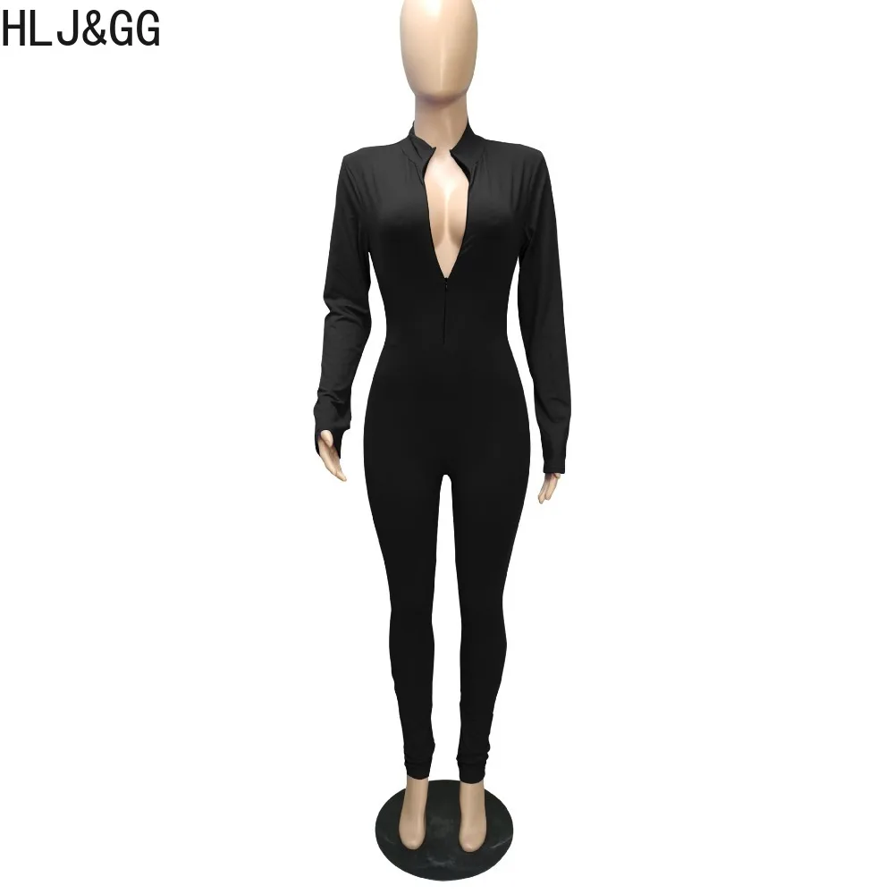 HLJ&GG Autumn Sexy Deep V Bodycon Jumpsuits Women Long Sleeve Slim Sporty Playsuits Casual Female Solid Sporty Matching Overalls