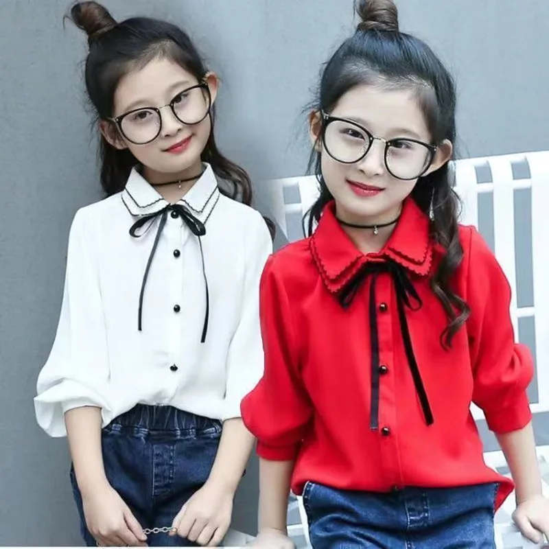 Children Blouses For Girls Chiffon Shirts Baby Tops Teenage Girls Long Sleeve School Uniform Shirts 9 12 14 Years Kids Blouses