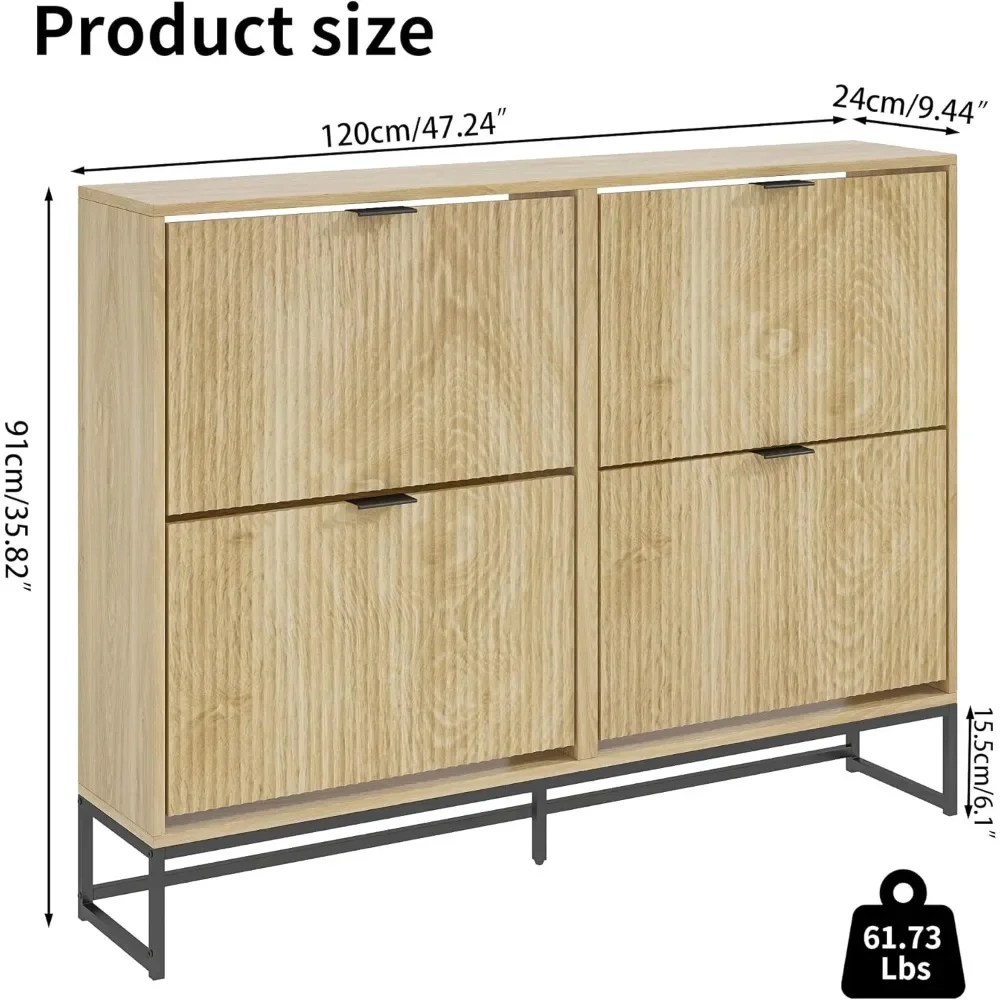Fluted Shoe Storage Cabinet for Entryway Modern Shoe Rack Cabinet with 4 Flip Drawers Tipping Shoe Cabinet Wooden 2