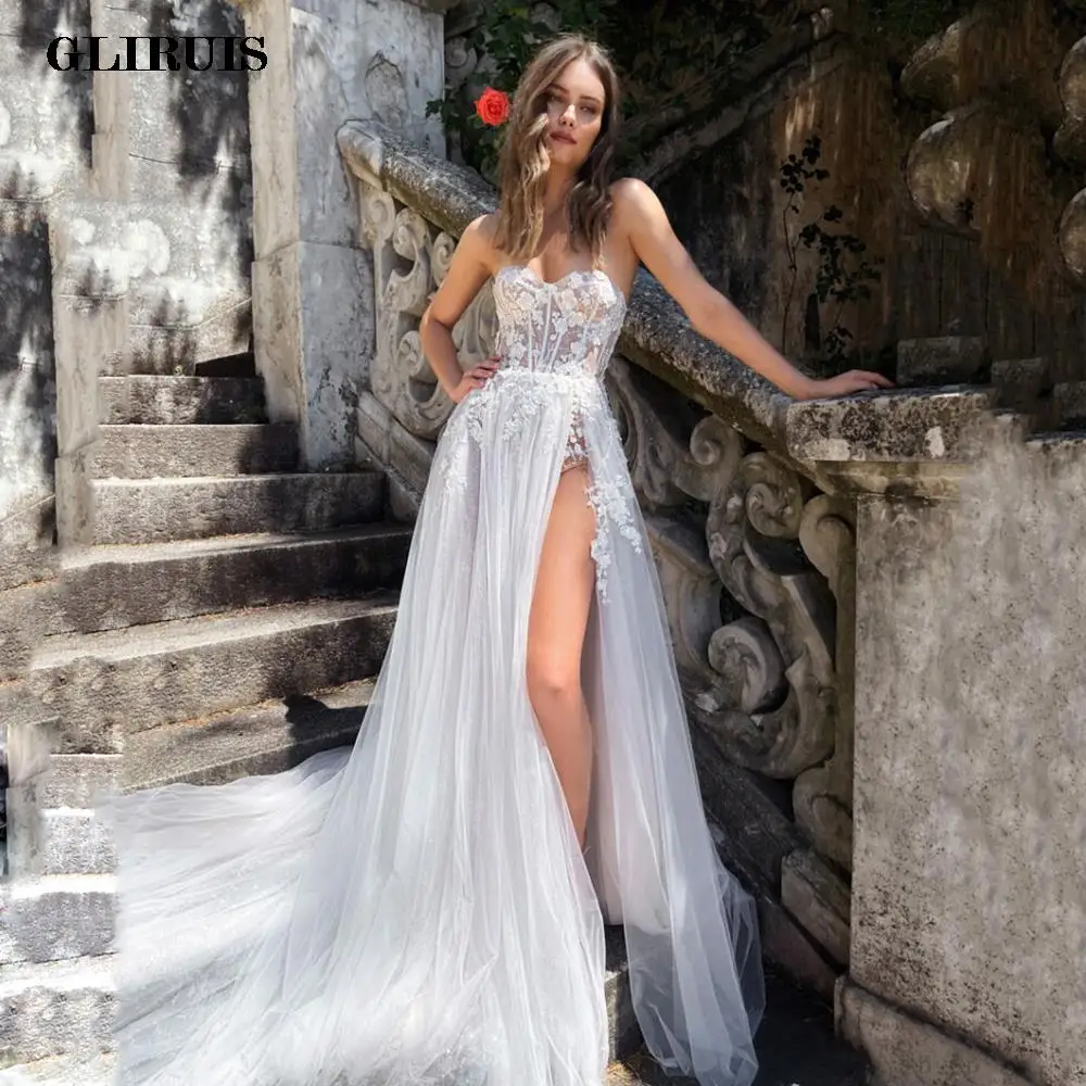 

2022 A-Line Lace Appliques Beach Wedding Dresses Sweetheart Sleeveless Bridal Gowns Sexy Brides Dress Robes de mariée