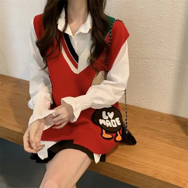 Autumn and Winter Women's Pullover V-neck Patchwork Letter Animal Loose Fashion Casual Elegant Commuter Sleeveless Vest Tops