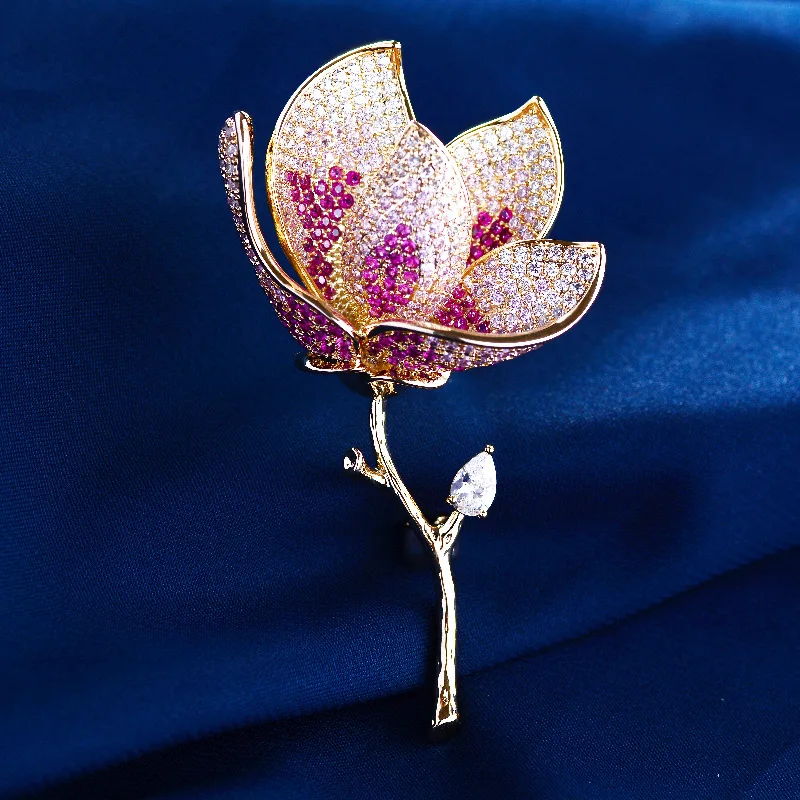 

Korean style Brooch Elegant Atmosphere Magnolia Zircon Inlaid Temperament Flower Clothing Accessories Corsage Women's Jewelry