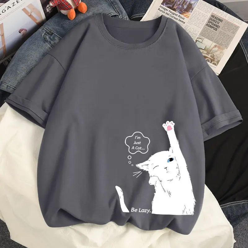 Cotton Cute Cat T Shirt Loose Size Short Sleeve T-shirt Summer Girl Student Top Tees T-shirt Women Clothing Plus 35-100kg petite maternity clothes