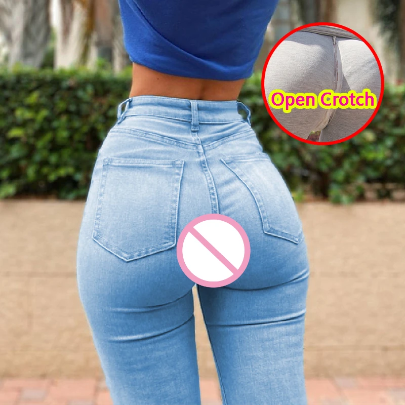 Woman Open Crotch Sexy Jeans Pants Crotchless Denim Fitness Sport Booty Push Up Hidden Zipper Intimate Outdoor Exotic Panties women crotchless shorts