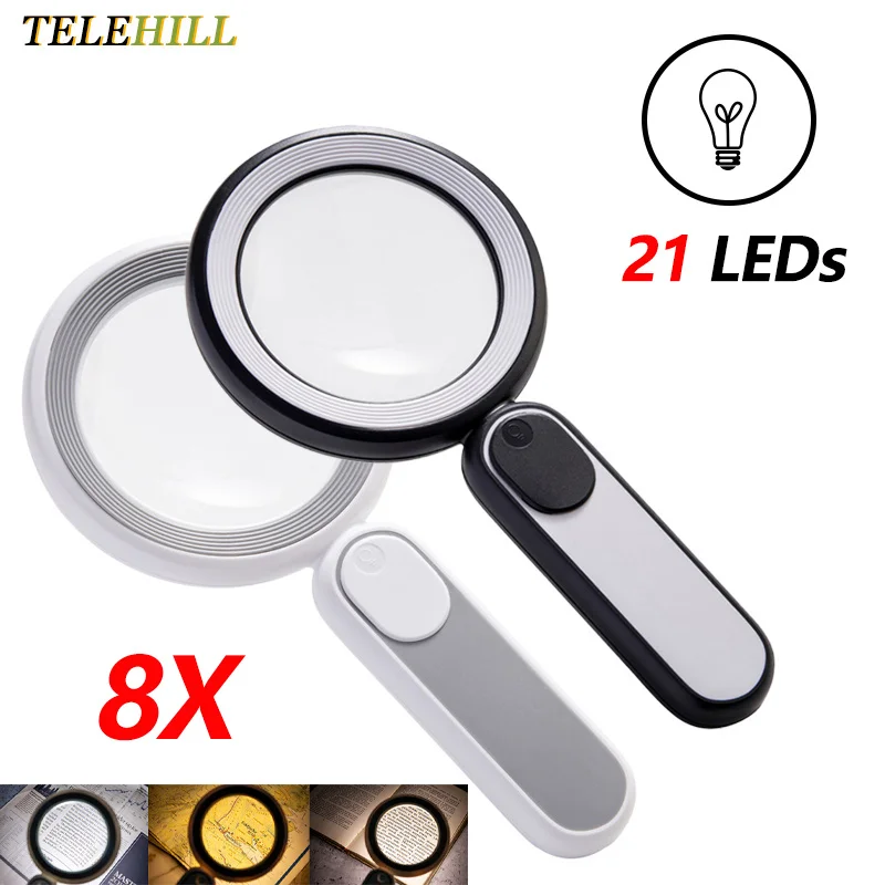 

8X Handheld Illuminated Magnifier 21 LEDs Reading Jeweler Magnifier Rechargeable Adjustable Magnifier for Seniors Repair Tool