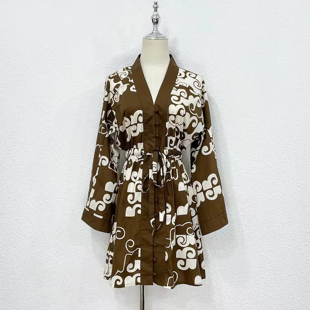 

Bohemian Loose Cotton Mini Dresses 2023 V-Neck Print Long Sleeve Single Breasted Ladies Bridal Gown Vestidos De Novia