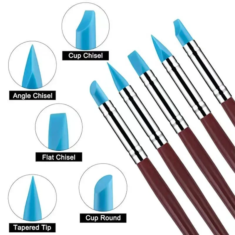 Silicone Clay Sculpting Tool 5PCS for Brush Modeling Dotting Nail Art Pottery Clay Tool DIY Carving Sculpting Tools Soft Head