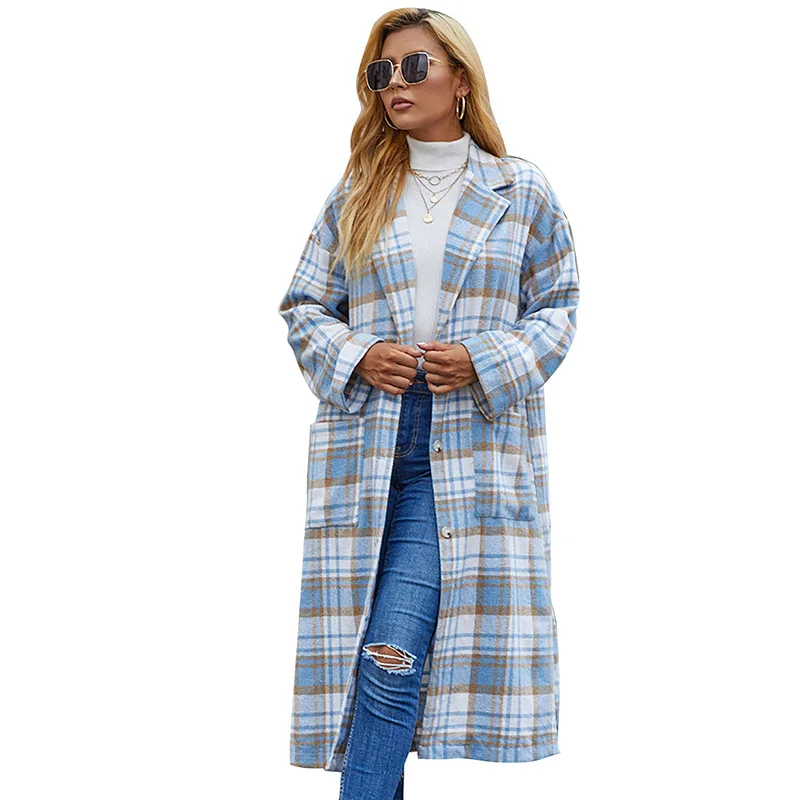 Fashion  Autumn and Winter New Blue and White Plaid Long-sleeved Pocket Ladies Cardigan Windbreaker Women's Mid-length Coat